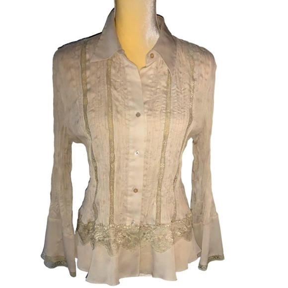 Vintage Tops - Vintage Tailor B Moss Beige/Tan Button Down Sheer Blouse with Lace Boho Medium
